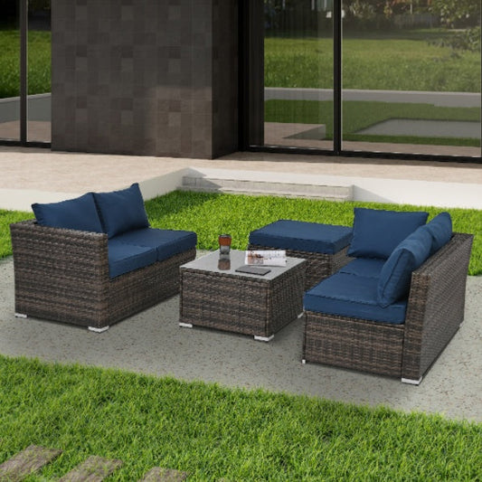 Muebles para patio, muebles de exterior, muebles de mimbre PE para temporada, conjunto de 4 muebles de mimbre con mesa de centro de vidrio templado